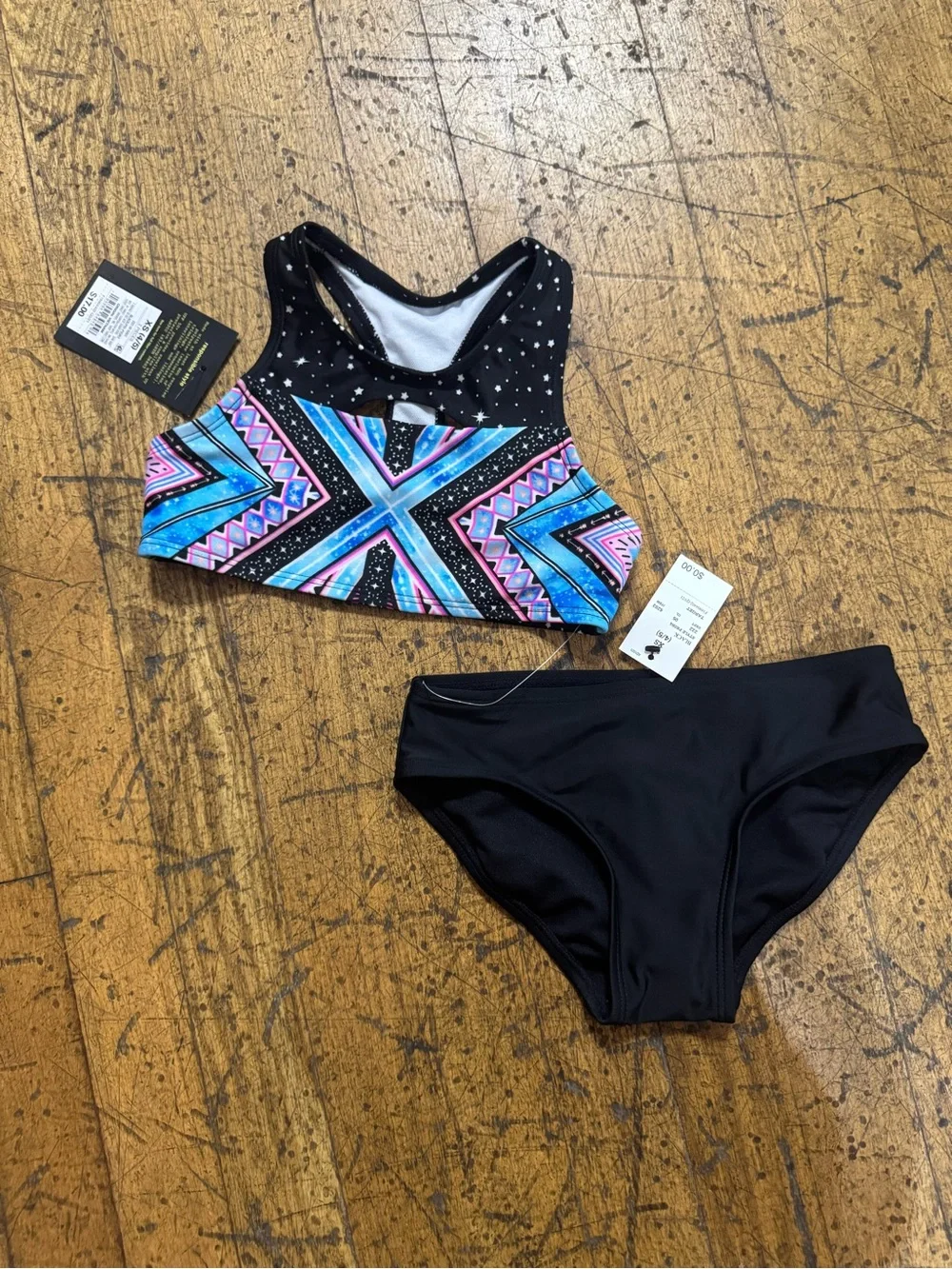 Girls' XS 4/5 Black Geometric Print Swim Set - Two-Piece Tankini